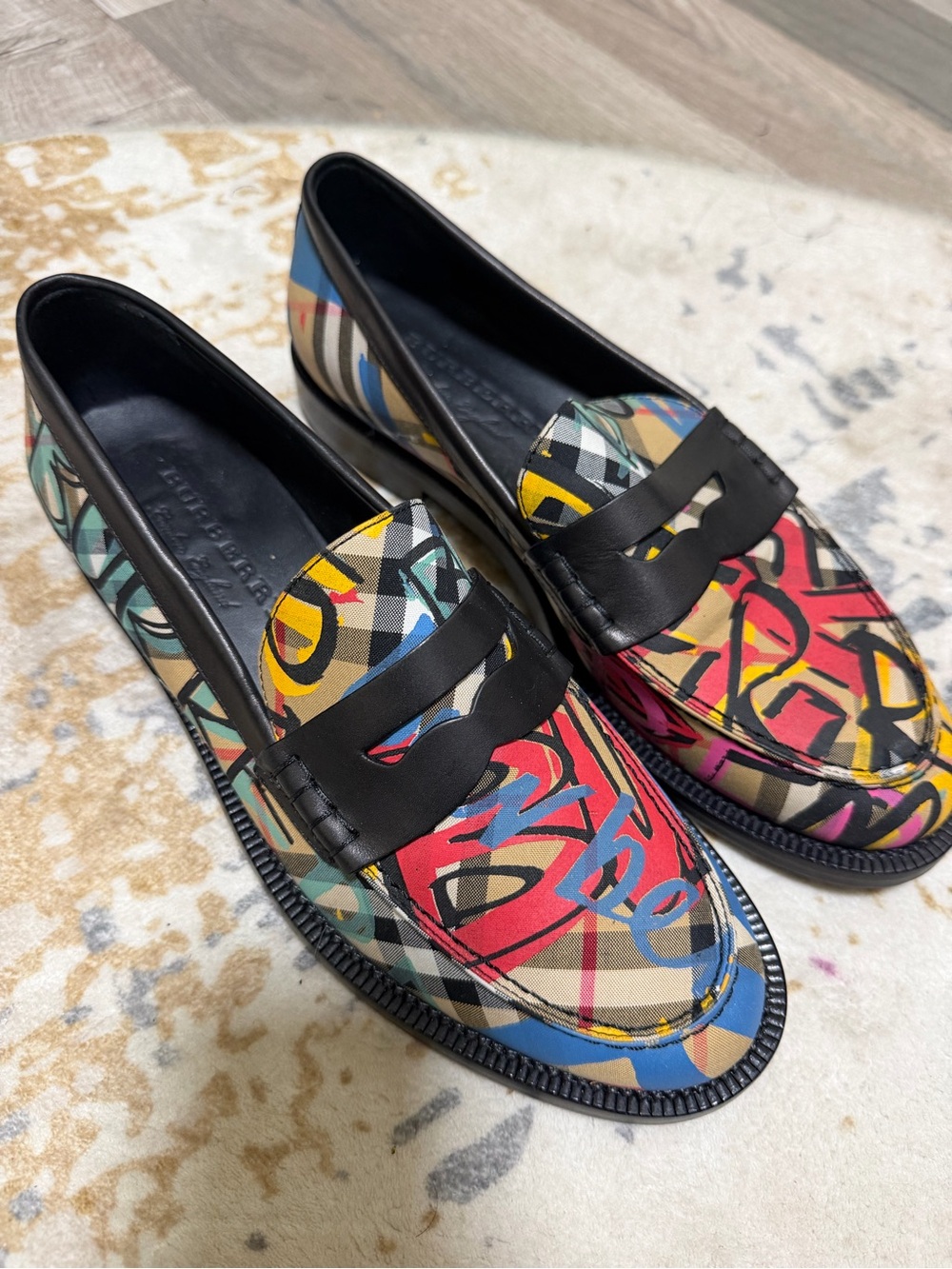 Burberry Multicolor Graffiti Check Leather-Trim Penny Loafers